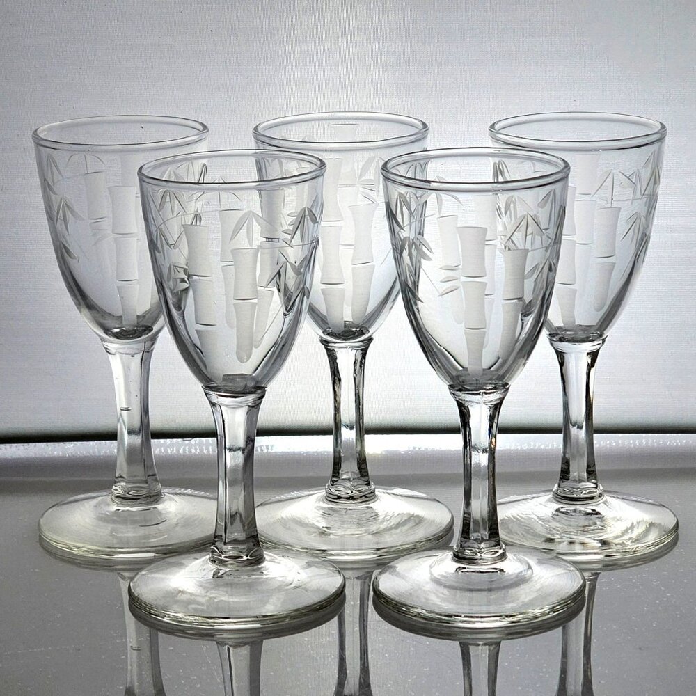 5 Sasaki Bamboo Cordial Glasses 3-1/2"  cocktail party 1950s vtg Japan 1oz